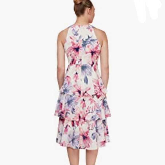 BotanicalPrint WovenChiffon Overlay Tiered Pebble Midi Dress Ivory - Picture 2 of 16